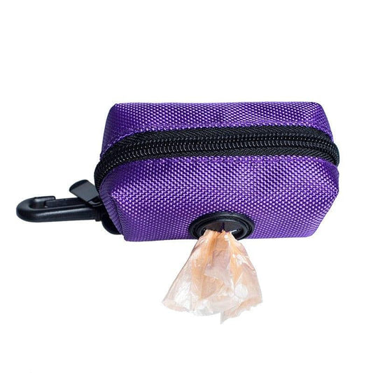 Purple stylish dog waste bag holder with clip and zippered pockets, made of durable Oxford polyester.